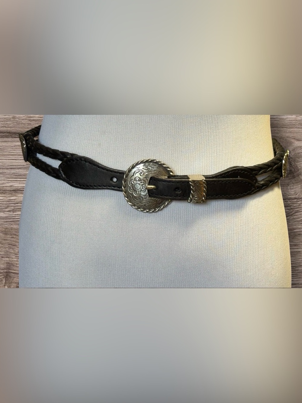 Vintage Brighton Black Leather Belt with Silver Heart accents SZ 30